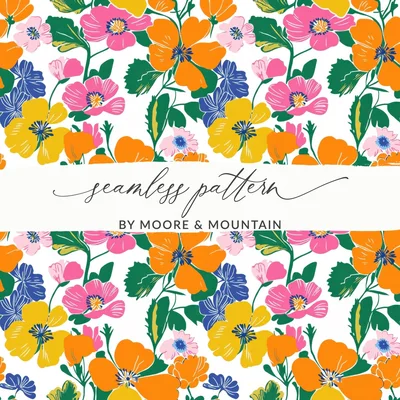 Preppy Orange Pink Yellow Floral Seamless Pattern, 60's Floral Pattern, Digital Background, Colorful Flower Print, Digital Paper