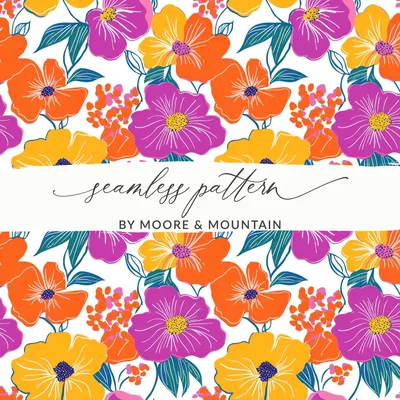 Preppy Orange Purple 60's Floral Pattern, Seamless Pattern, Digital Background, Flower Power Digital Paper