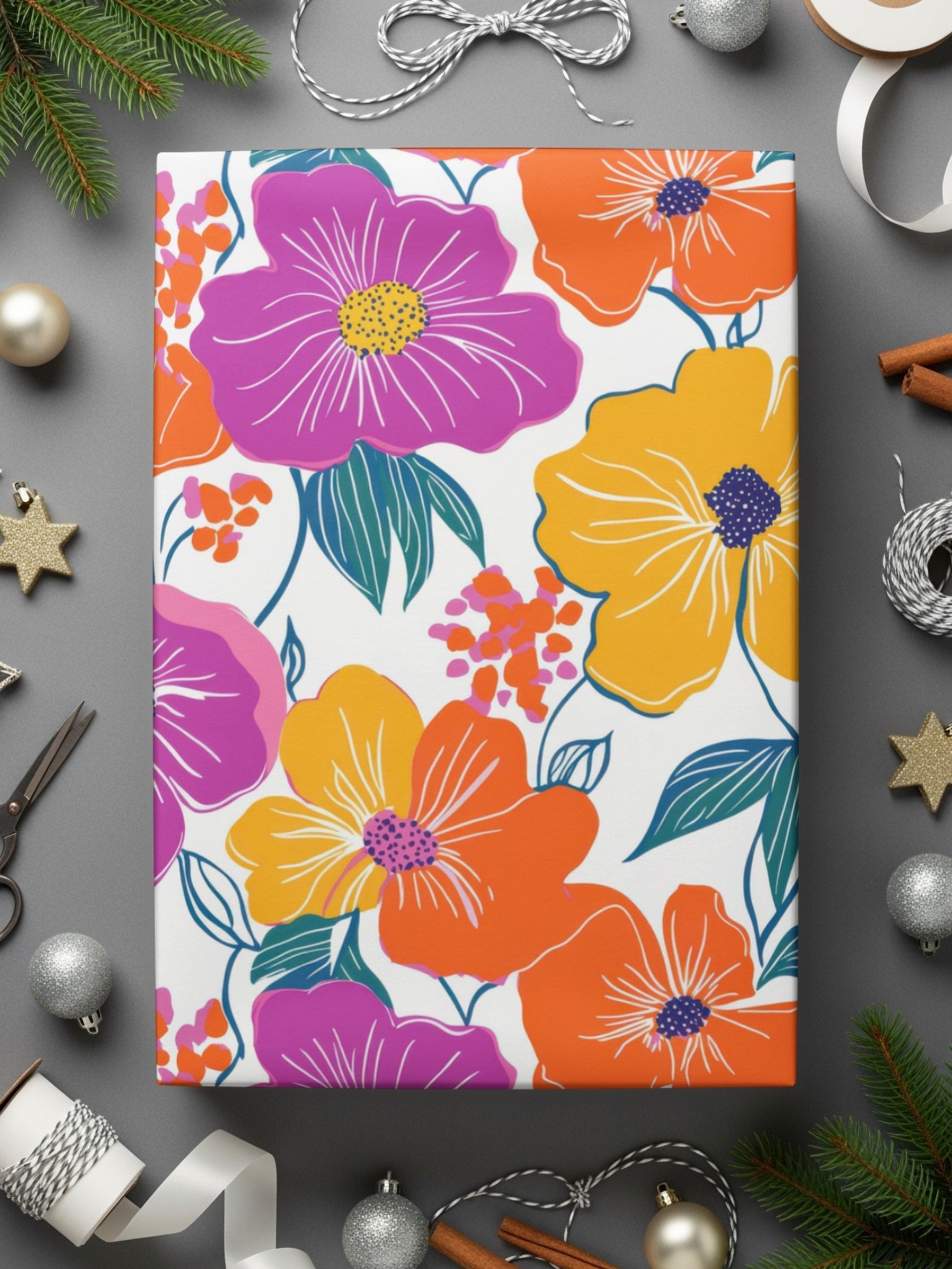Preppy Orange Purple 60's Floral Pattern, Seamless Pattern, Digital Background, Flower Power Digital Paper