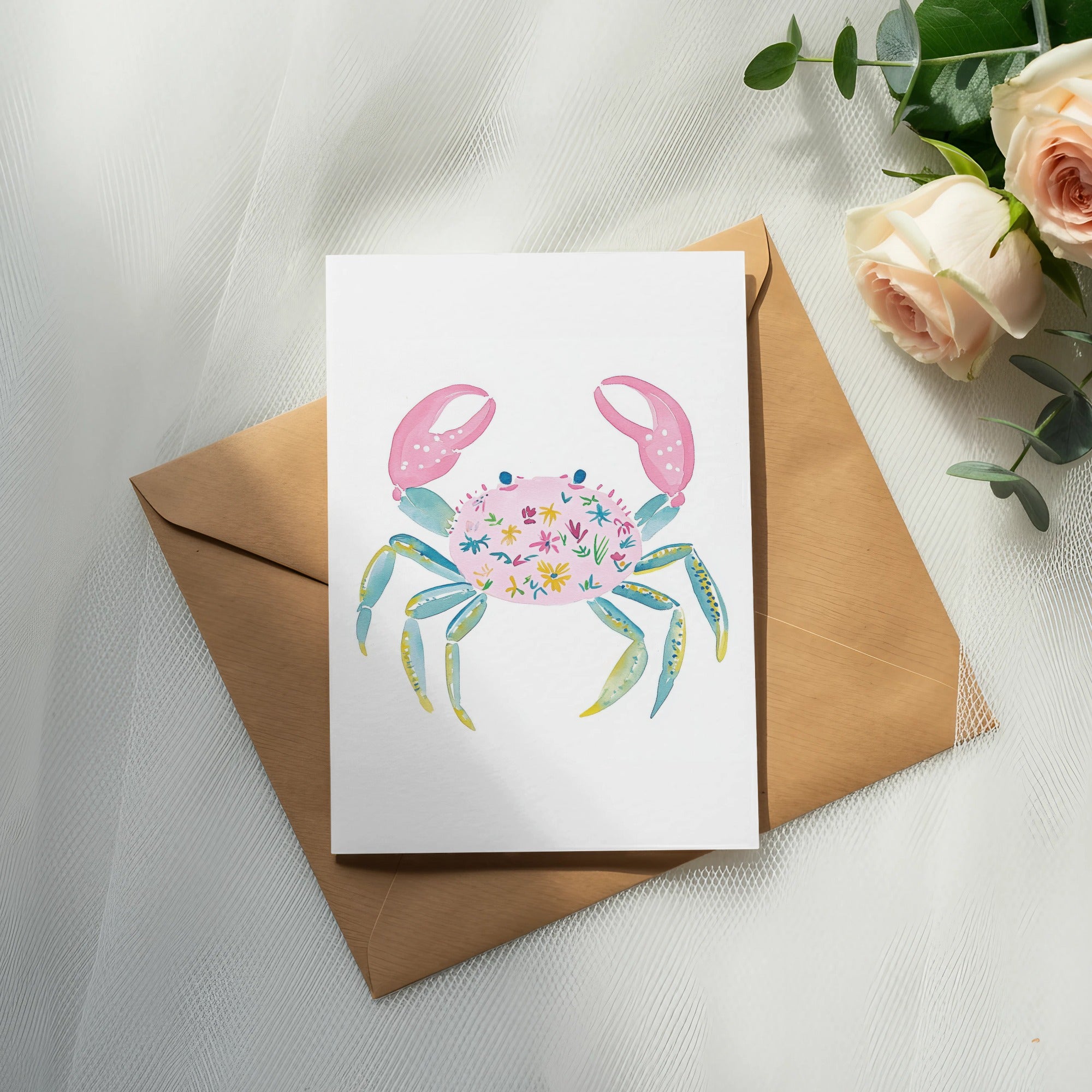Preppy Painterly Crab SVG, Hand Painted Floral PNG Clipart Digital, Gouache Style Illustration, Whimsical Bright Crab Artwork, Trendy Pastel