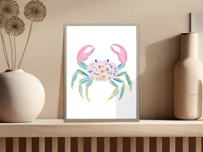 Preppy Painterly Crab SVG, Hand Painted Floral PNG Clipart Digital, Gouache Style Illustration, Whimsical Bright Crab Artwork, Trendy Pastel