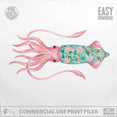 Preppy Painterly Squid SVG, Gouache Style Illustration, Watercolor Preppy Graphic, Artsy Girly Digital PNG Clipart, Trendy Sticker Design SVG