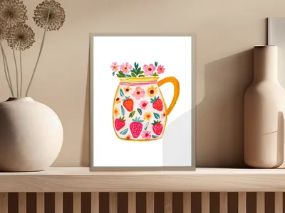 Preppy Painterly SVG Gouache Style Illustration Digital Clipart | Vibrant Strawberry Flower Pitcher PNG Graphic, Artsy Girly & Trendy Pastel