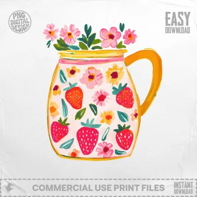Preppy Painterly SVG Gouache Style Illustration Digital Clipart | Vibrant Strawberry Flower Pitcher PNG Graphic, Artsy Girly & Trendy Pastel