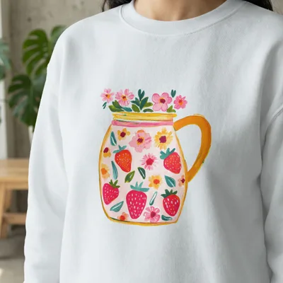 Preppy Painterly SVG Gouache Style Illustration Digital Clipart | Vibrant Strawberry Flower Pitcher PNG Graphic, Artsy Girly & Trendy Pastel