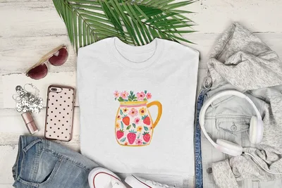 Preppy Painterly SVG Gouache Style Illustration Digital Clipart | Vibrant Strawberry Flower Pitcher PNG Graphic, Artsy Girly & Trendy Pastel