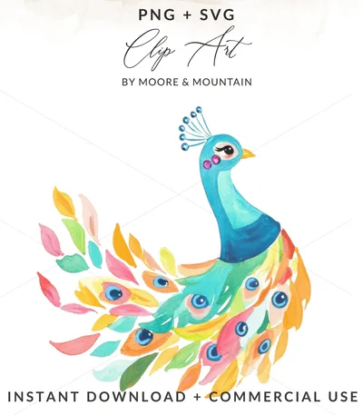 Preppy Peacock Clipart, Kawaii Bird PNG, Colorful Sticker Design, Rainbow Aesthetic Art, Trendy Girly Graphic, Digital Download
