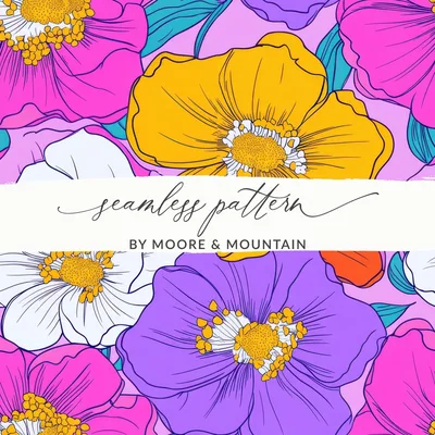 Preppy Pink Groovy Floral Background Digital Download, Seamless Retro Flowers, 60s Floral Pattern, Floral Design, Printable Art