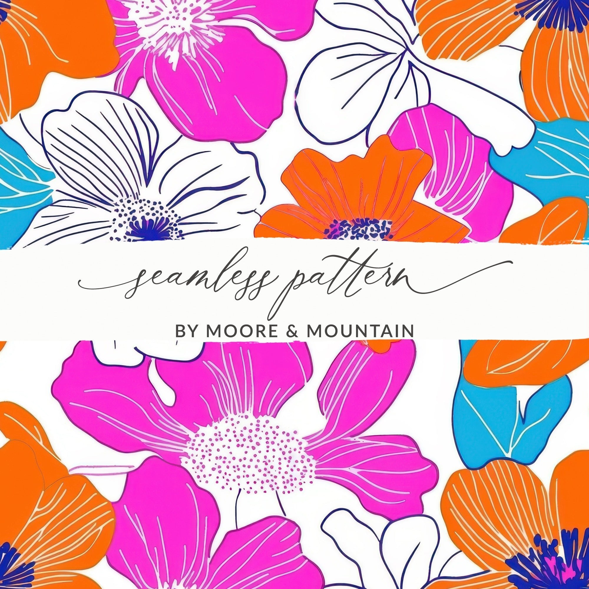 Preppy Pink Orange 60s Floral Pattern, Groovy Floral Background, Seamless Retro Flowers Digital Print, Trendy Floral Art Download