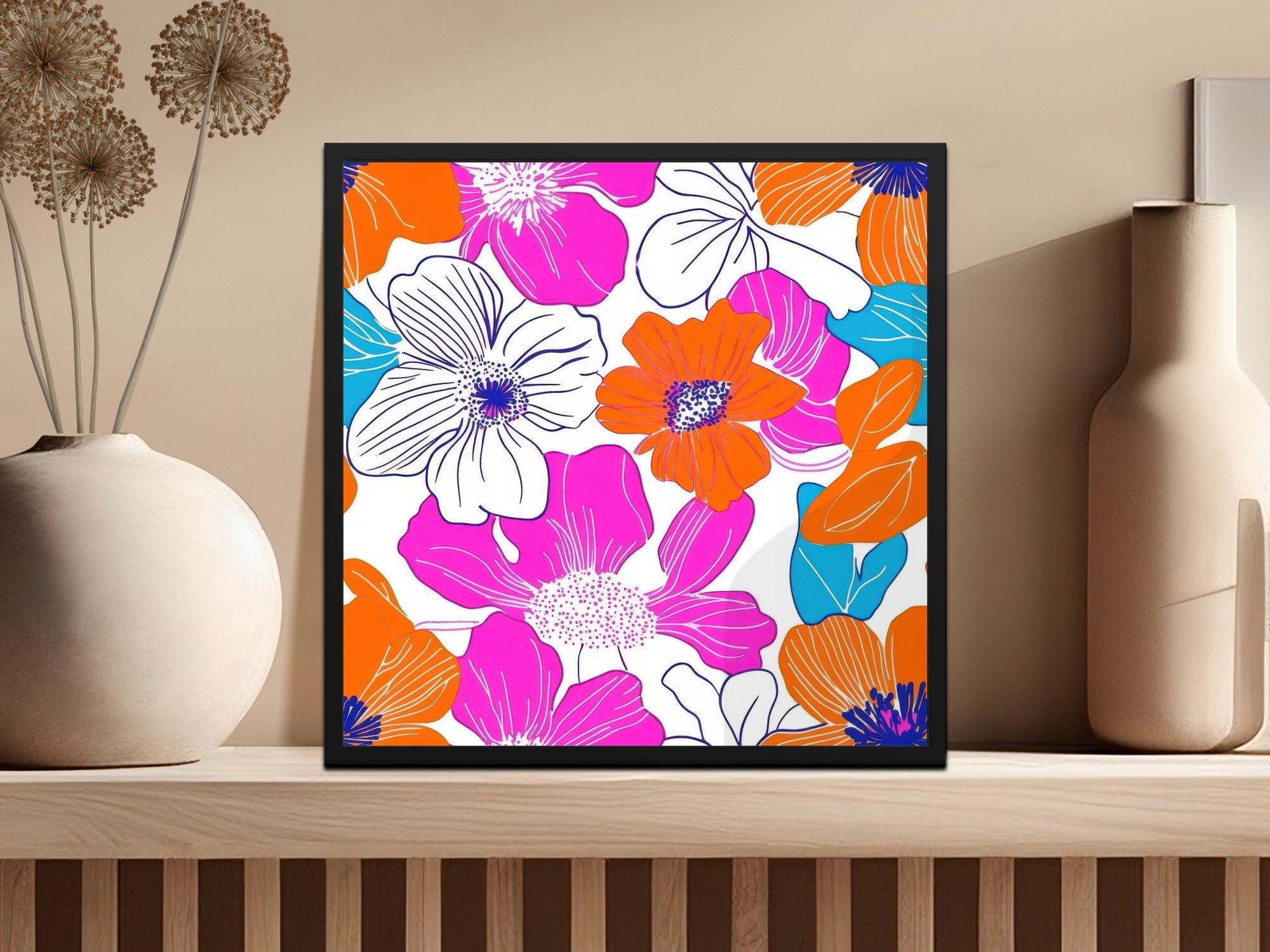 Preppy Pink Orange 60s Floral Pattern, Groovy Floral Background, Seamless Retro Flowers Digital Print, Trendy Floral Art Download