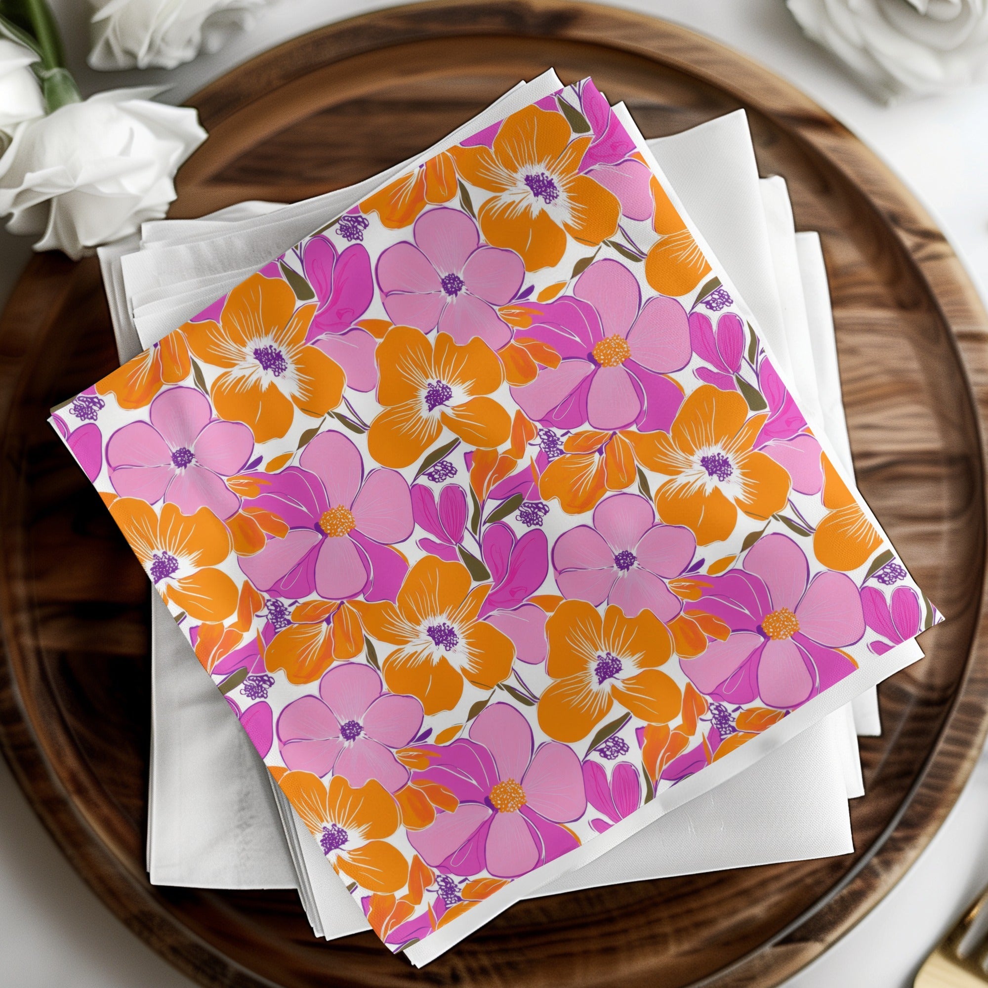Preppy Pink Orange 60's Floral Pattern, Seamless Pattern, Digital Background, Flower Illustration, Repeating Design, Digital Paper