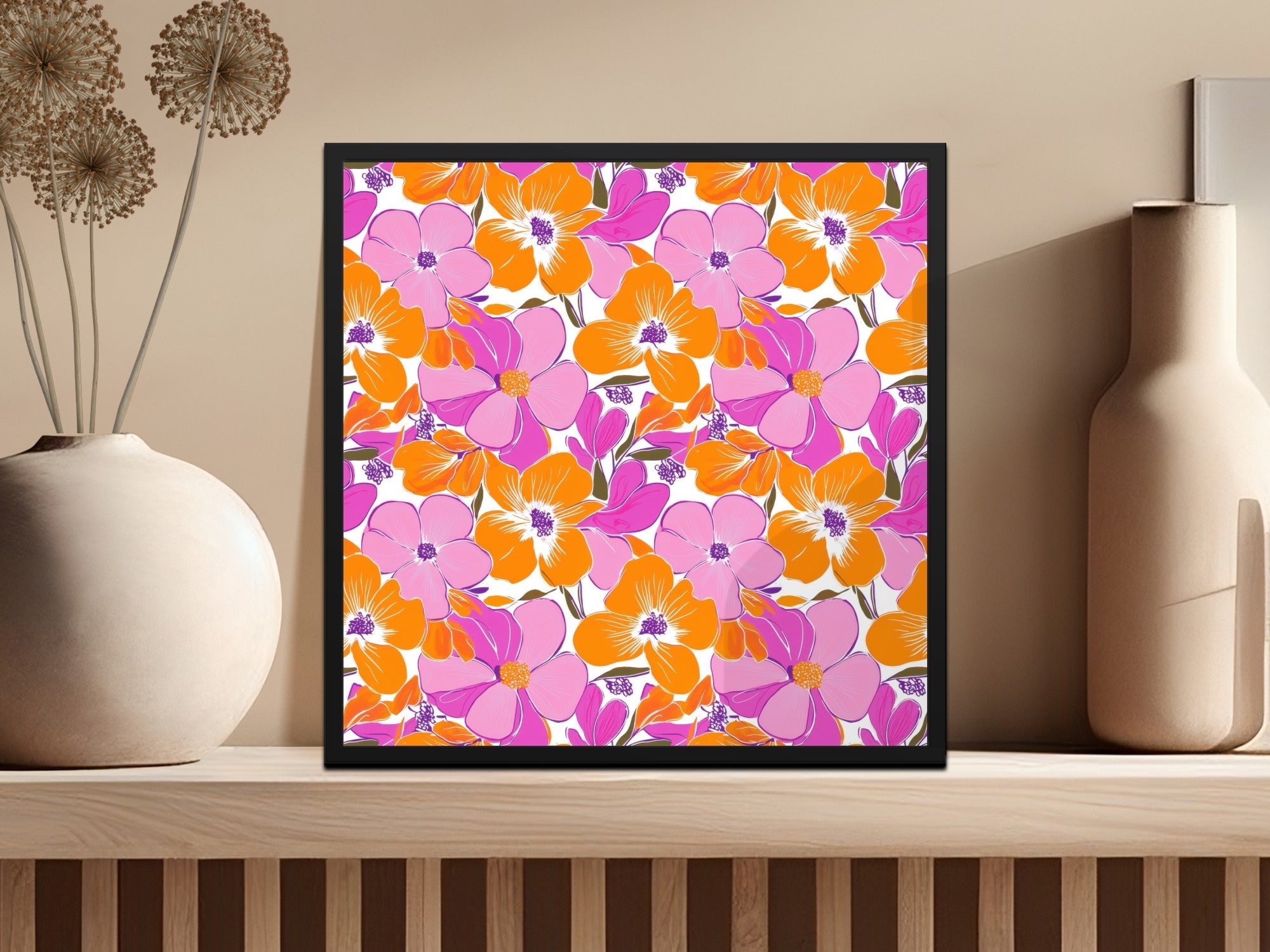 Preppy Pink Orange 60's Floral Pattern, Seamless Pattern, Digital Background, Flower Illustration, Repeating Design, Digital Paper