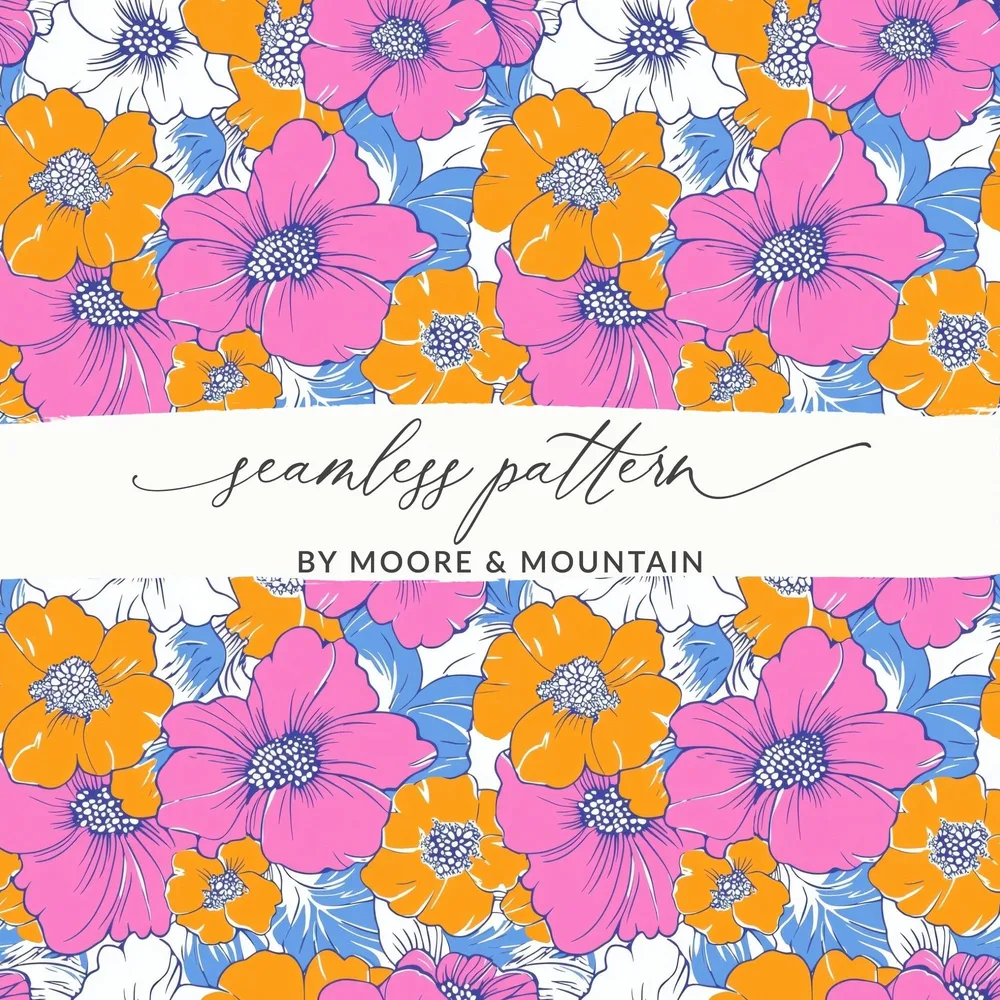 Preppy Pink Orange Floral Seamless Pattern, 60's Floral Pattern, Digital Background, Digital Paper, Retro Flower Pattern, Digital product
