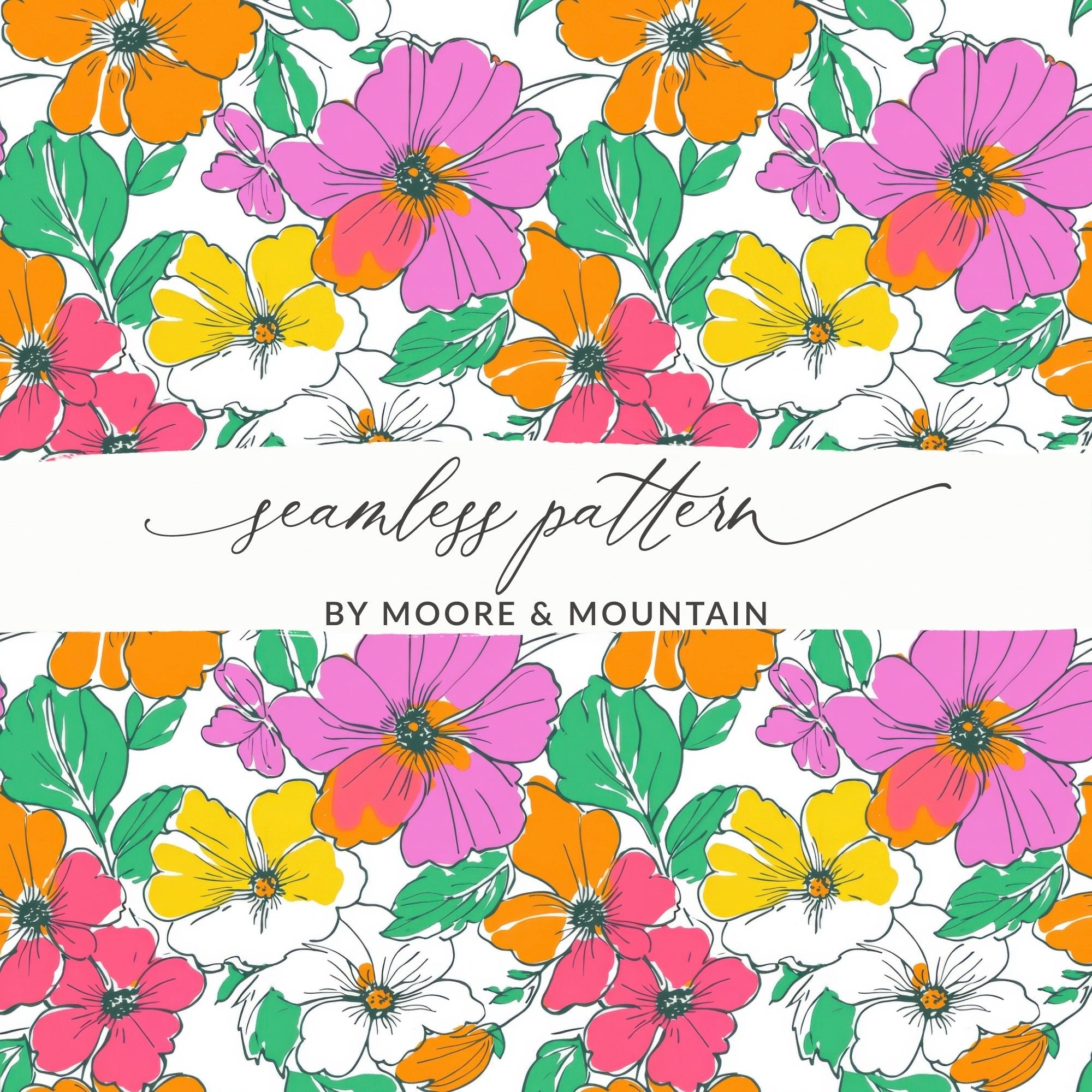 Preppy Pink, Orange, Yellow Floral Seamless Pattern, 60's floral pattern, Digital Background, Commercial Use, Repeat Pattern