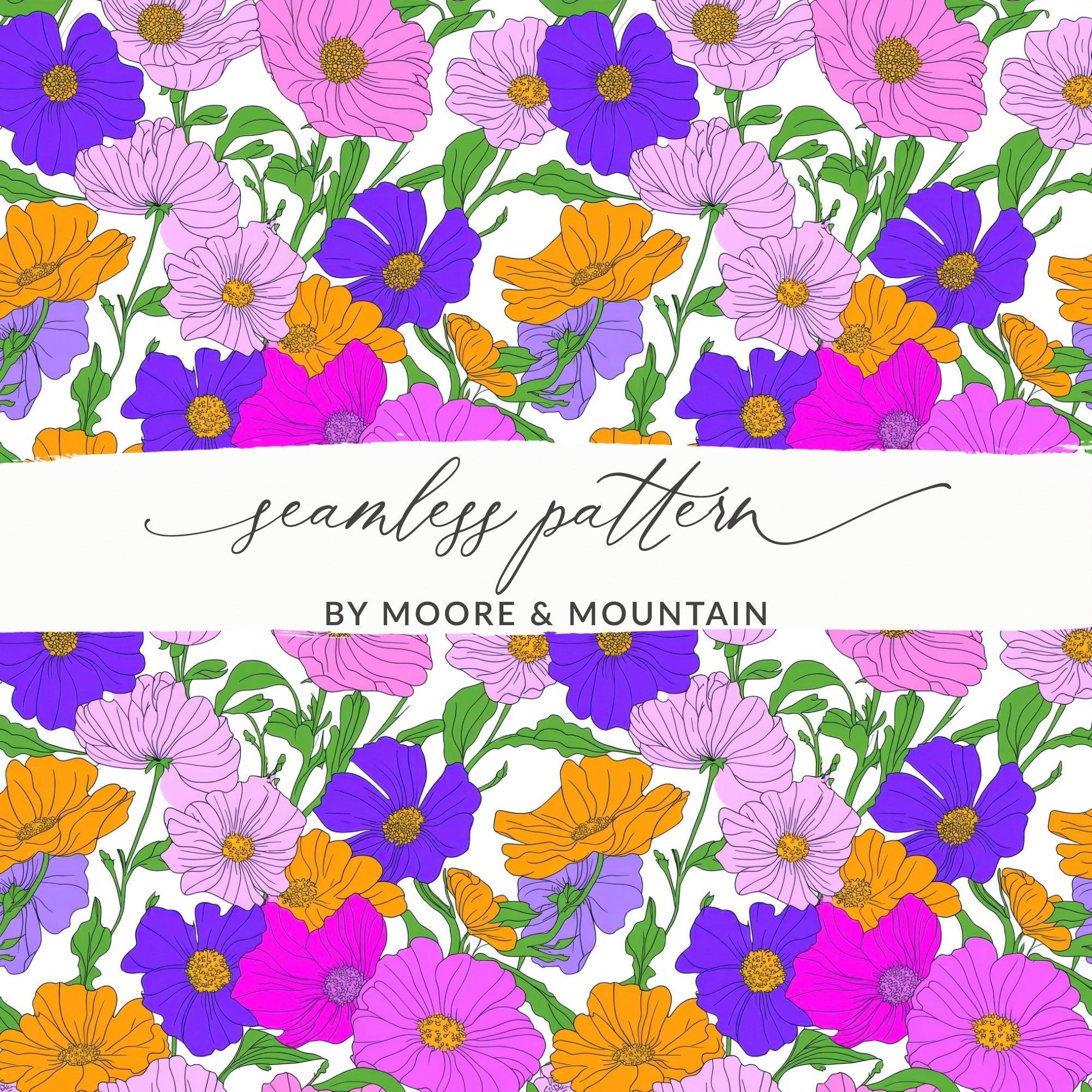 Preppy Pink, Purple, Orange 60's Floral Pattern, Digital Background, Seamless Pattern, Digital Download, Fabric Design, Wallpaper Design