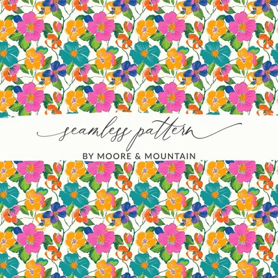 Preppy Pink Teal Orange Floral Seamless Pattern, Digital Background, 60s Floral Pattern, Colorful Flower Fabric Design, Repeat Print, Digital