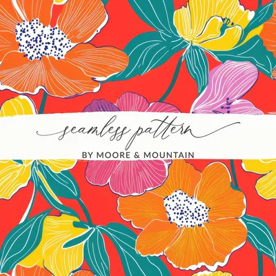 Preppy Red Digital Paper, 60s floral pattern, Seamless Retro Flowers, Flower Pattern Digital, Groovy Floral Background, Print File