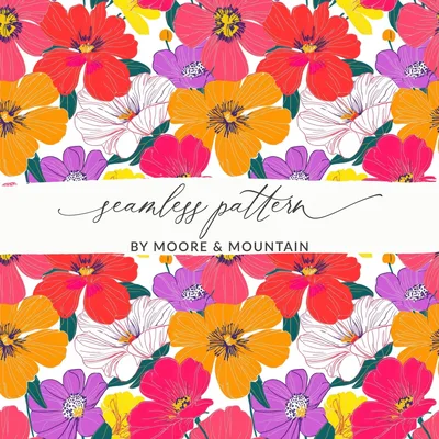 Preppy Red Orange 60's Floral Pattern, Seamless Pattern, Digital Background, Colorful Flowers Print, Digital Paper Pack, Fabric Design, Digital
