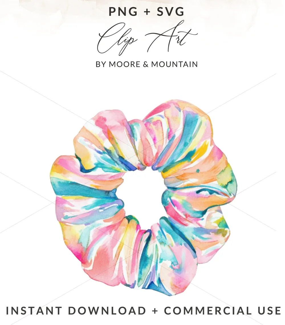 Preppy Scrunchie Clipart, Tie Dye Illustration, Trendy Girly Graphic, Vibrant PNG Download, Rainbow Aesthetic Art, Digital File SVG