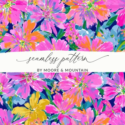 Preppy Seamless Pattern JPEG Digital Download, Vibrant Floral Design, Bright Pink & Orange Summer Flowers, Resort Wear Pattern, Digital
