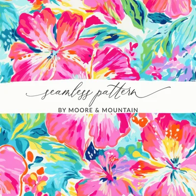 Preppy Seamless Pattern JPEG Digital Paper, Vibrant Pink Floral Tropical Print, Summer Resort Wear Fabric Design, Maximalist Graphic for