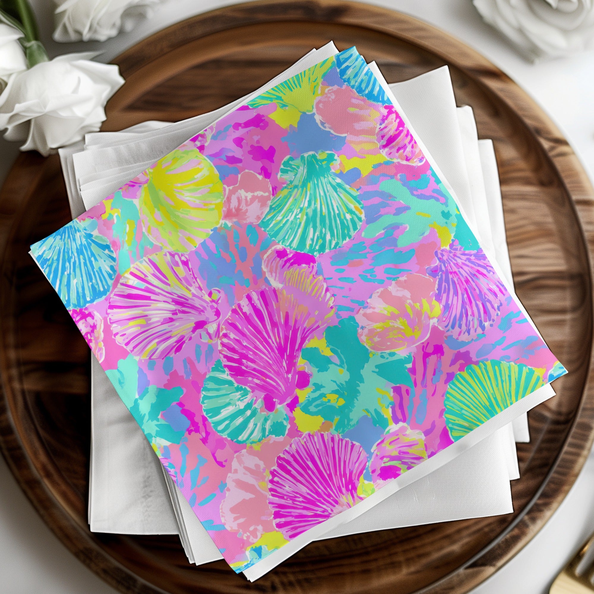Preppy Seamless Pattern JPEG, Vibrant Seashell Digital Paper, Coastal Granddaughter Abstract Print, Tropical Beachy Summer Background