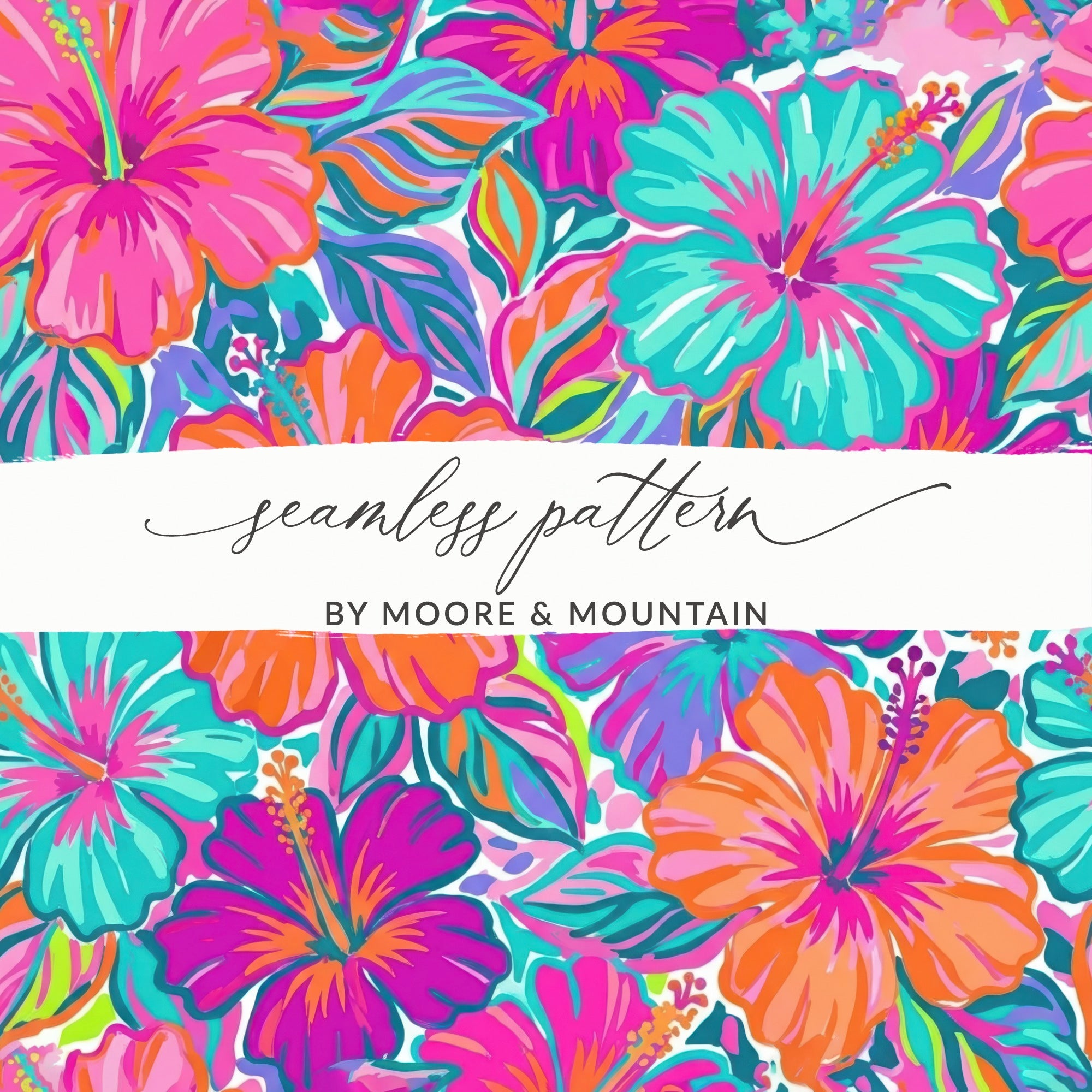 Preppy Seamless Pattern, Tropical Hibiscus Floral Digital Paper, Vibrant Pink Orange Aqua JPEG File, Summer Sublimation Design