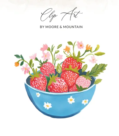 Preppy Strawberry Bowl Clip Art SVG, Whimsical Berry Garden Digital Download, Cottagecore Fruit Graphic, Sweet Kitchen Decor Art