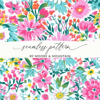 Preppy Summery Pink Floral Digital Paper, Seamless Bright Pink Preppy Background Pattern