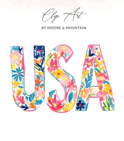Preppy USA Floral PNG SVG Digital, Painterly Gouache Illustration, Vibrant Pastel Artwork, Hand Drawn Aesthetic Clipart, Trendy Summer