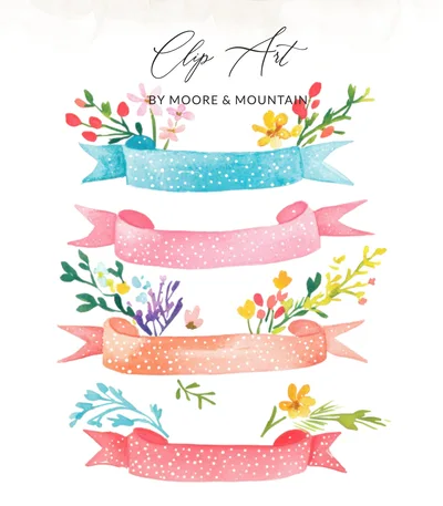 Preppy Watercolor Floral Banners Clip Art PNG SVG, Polka Dot Ribbon Summer Digital Graphics, Cute Planner Clipart