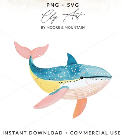 Preppy Whale Clipart PNG, Kawaii Animal PNG, Colorful Sticker Design, Pastel Summer Art, Trendy Girly Graphic, Cricut Cut File, Sublimation