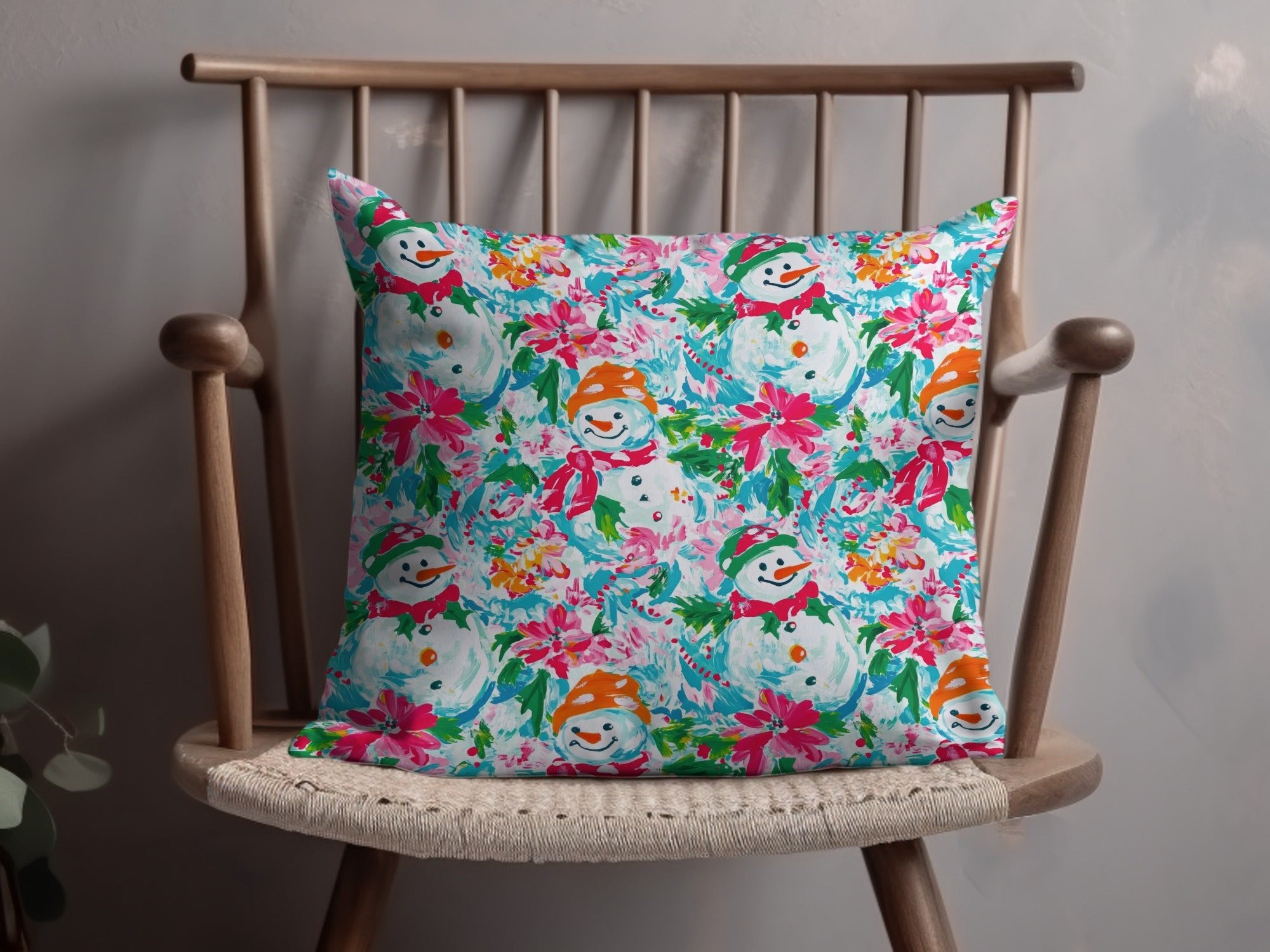Preppy Xmas Seamless Pattern Festive Holiday Snowman Among Flowers Seasonal Pattern
