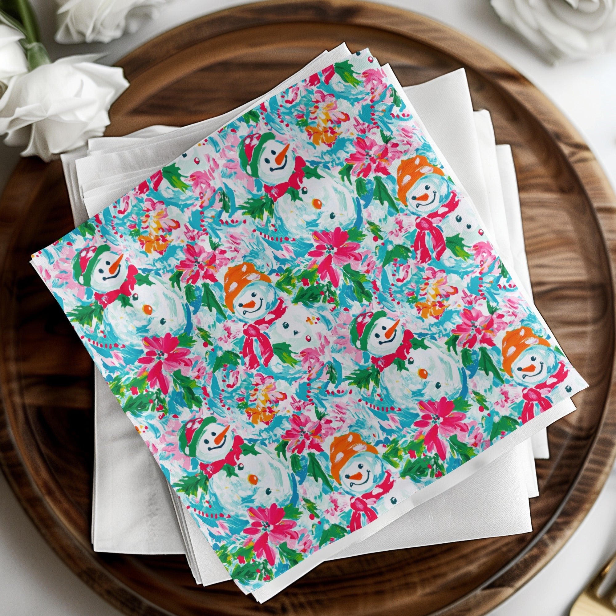 Preppy Xmas Seamless Pattern Festive Holiday Snowman Among Flowers Seasonal Pattern