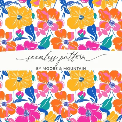 Preppy Yellow Pink Orange 60's Floral Pattern, Seamless Pattern, Digital Background, Colorful Flower Print, Retro Flowers, Digital Paper