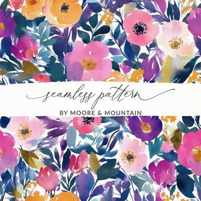 Purple and Pink Jewel Toned Watercolor Floral Digital Paper, Seamless Flower Pattern, Colorful Floral Background, Digital Fabric Design