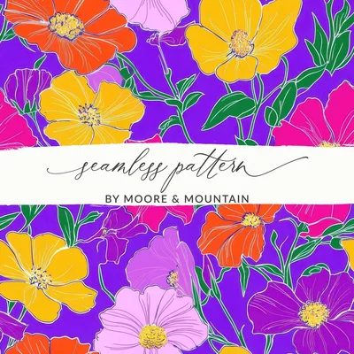 Purple Preppy 60s floral pattern, Groovy Floral Background, Seamless Retro Flowers Digital Products, Pattern Design