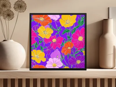 Purple Preppy 60s floral pattern, Groovy Floral Background, Seamless Retro Flowers Digital Products, Pattern Design
