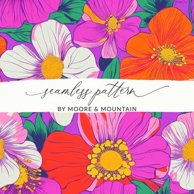 Purple Preppy Digital 60s floral pattern, Seamless Retro Flowers, Groovy Floral Background, Digital Download, Fabric Design, Pattern Print