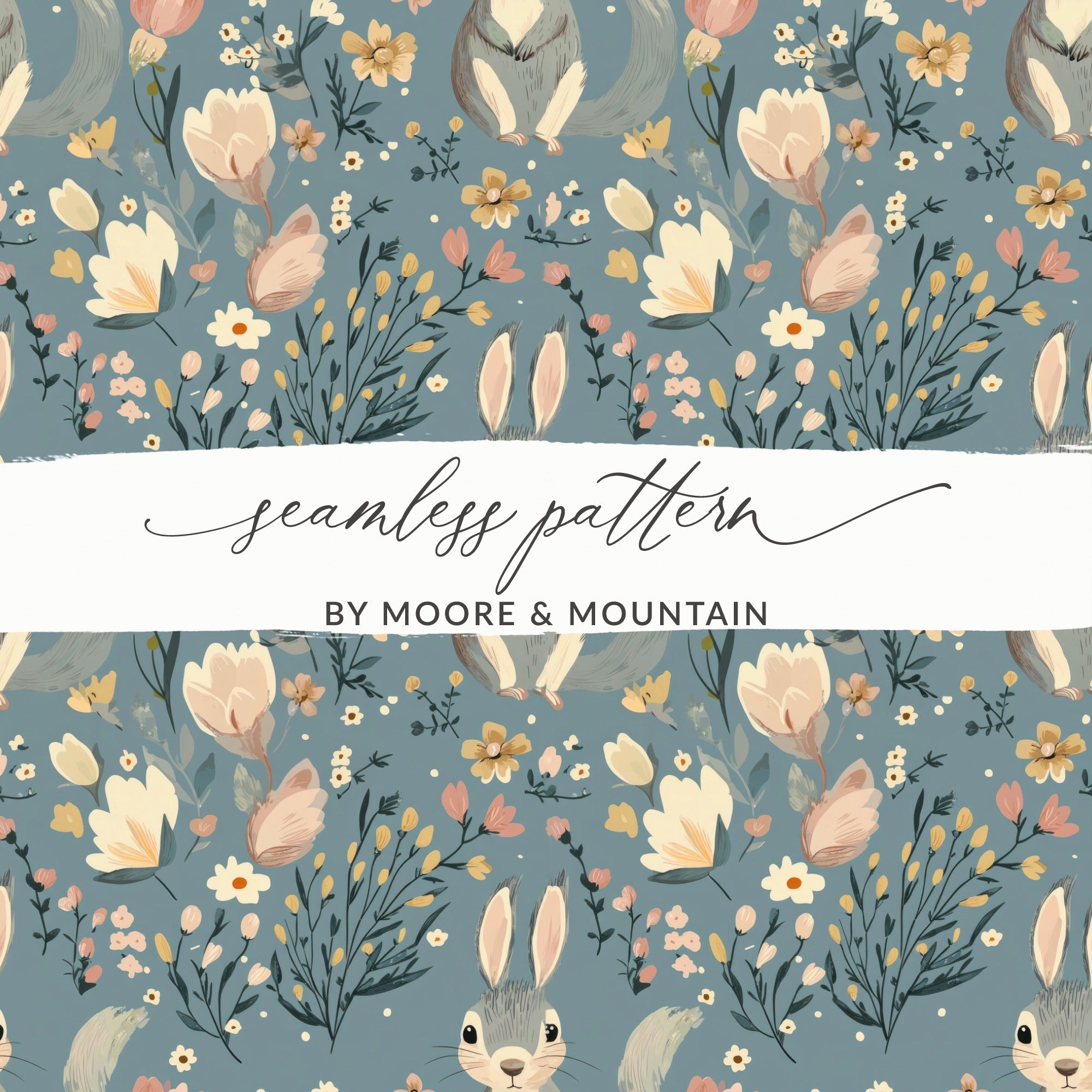 Rabbit Floral Digital Paper, Easter Pattern, Seamless Fabric Design, Bunny Background, Scrapbooking Paper, Floral JPEG Files