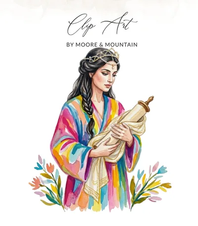 Rainbow Robe Woman with Scroll Watercolor Digital Art Print, Christian Jewish Faith Illustration Instant Download