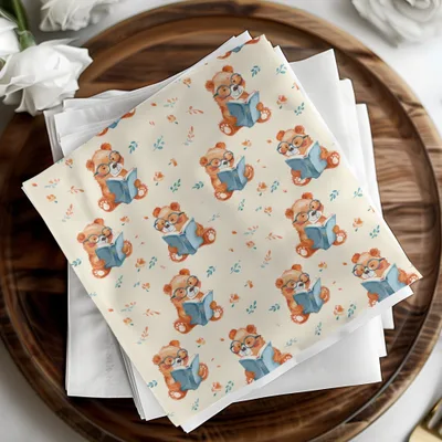 Reading Bear Digital Pattern, Seamless Teddy Bear Print, Cute Animal Illustration, Background for Kids, Scrapbooking Paper, Fabric Design