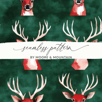 Red and Green Seamless Christmas Reindeer Watercolor Seamless Pattern