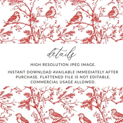 Red Bird Toile Digital Paper, Seamless Pattern, Printable Fabric Design, Rustic Bird Art, Scrapbook Paper, Digital Download