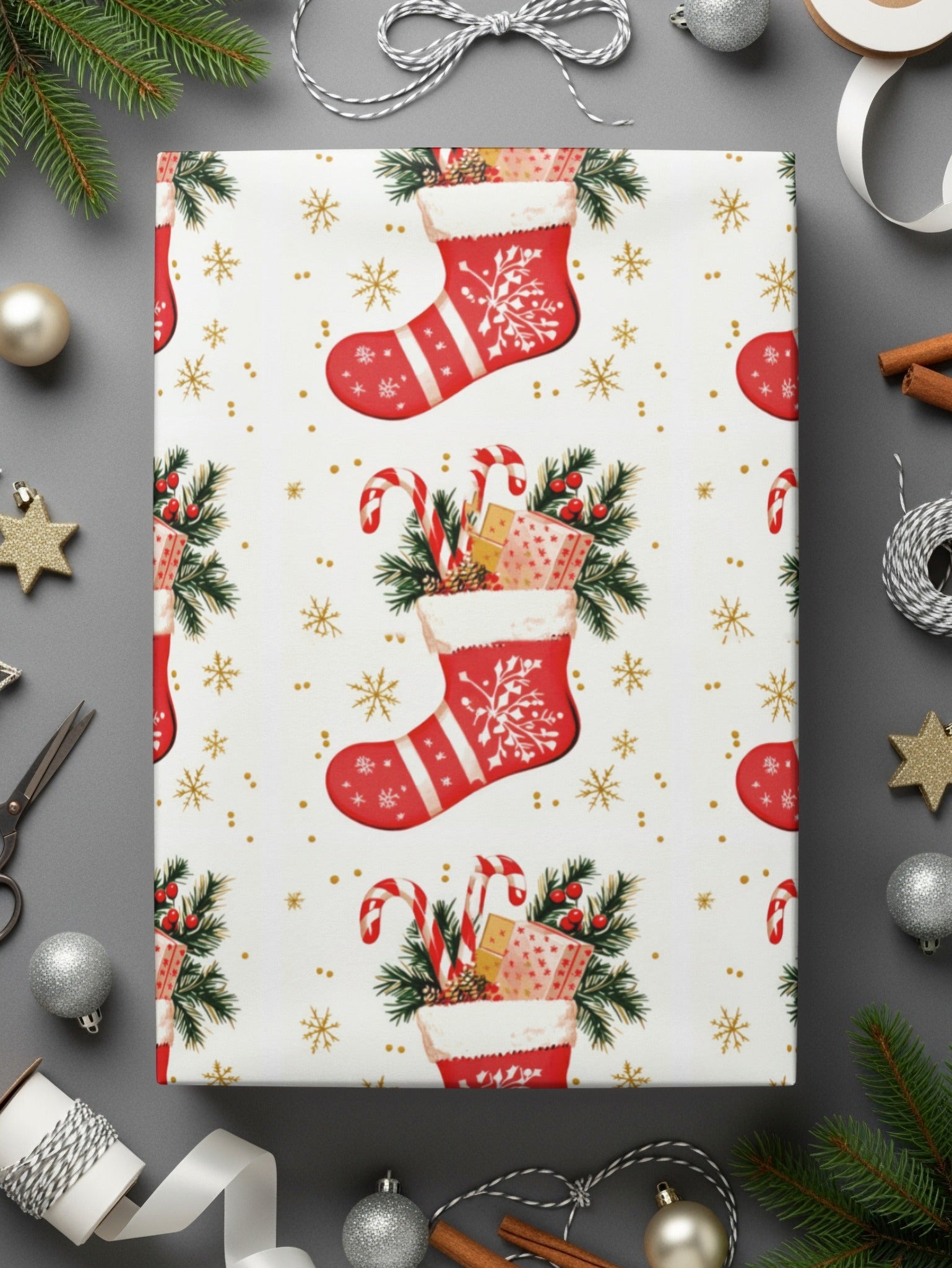 Red Christmas Stocking Digital Paper, Holiday Pattern, Gift Wrap, Scrapbooking, Winter Print, Festive Design, Christmas Decor