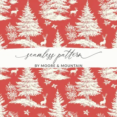 Red Christmas Toile Digital Pattern, Seamless Winter Deer Forest Print, Holiday Fabric Design, Festive Paper Download, Repeating Tile Image
