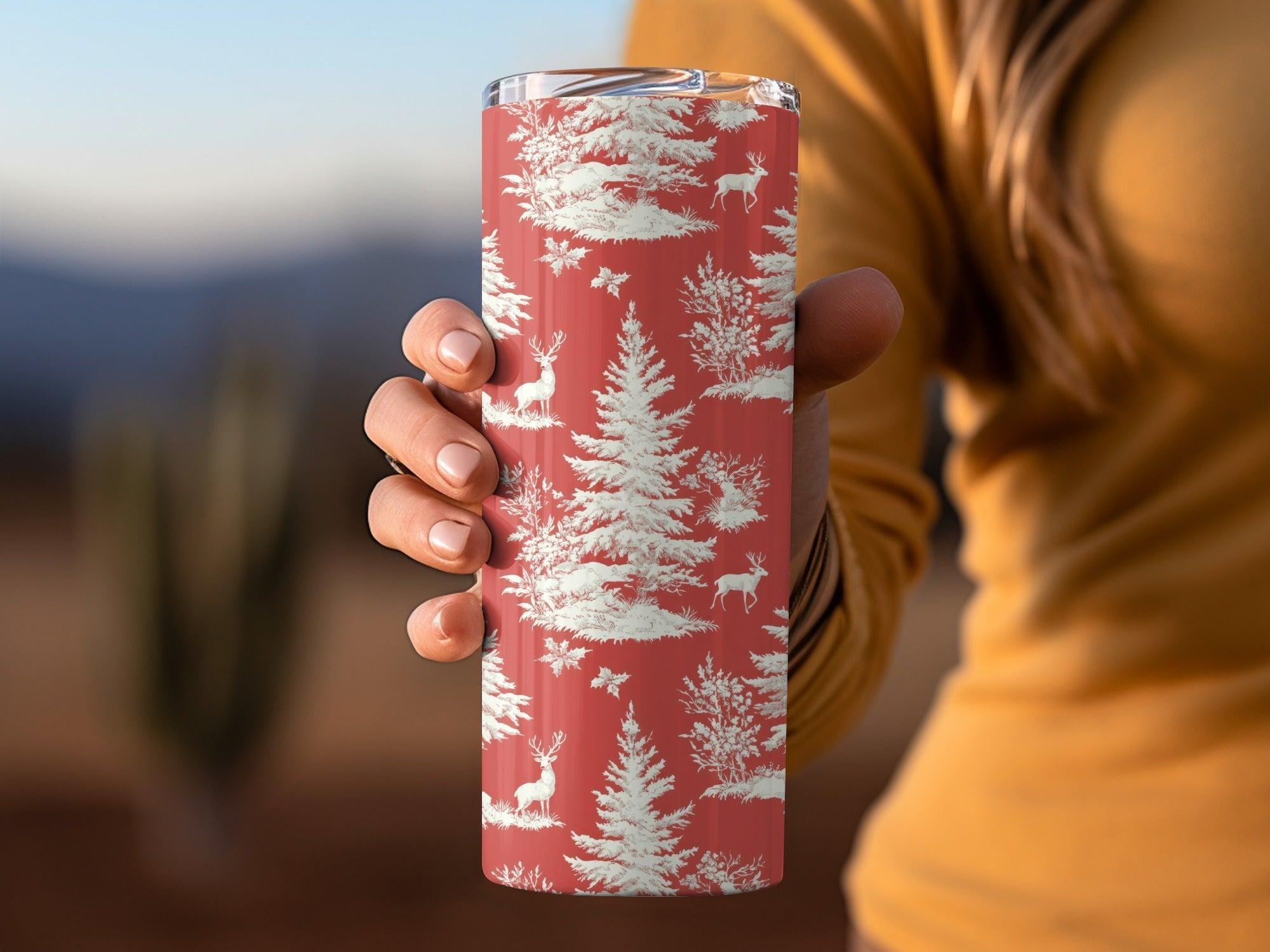 Red Christmas Toile Digital Pattern, Seamless Winter Deer Forest Print, Holiday Fabric Design, Festive Paper Download, Repeating Tile Image