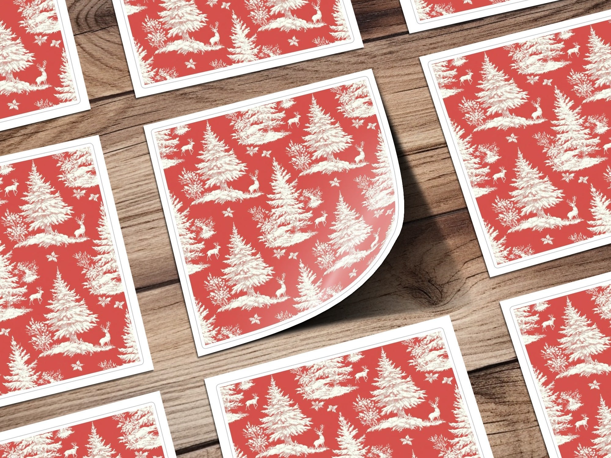 Red Christmas Toile Digital Pattern, Seamless Winter Deer Forest Print, Holiday Fabric Design, Festive Paper Download, Repeating Tile Image
