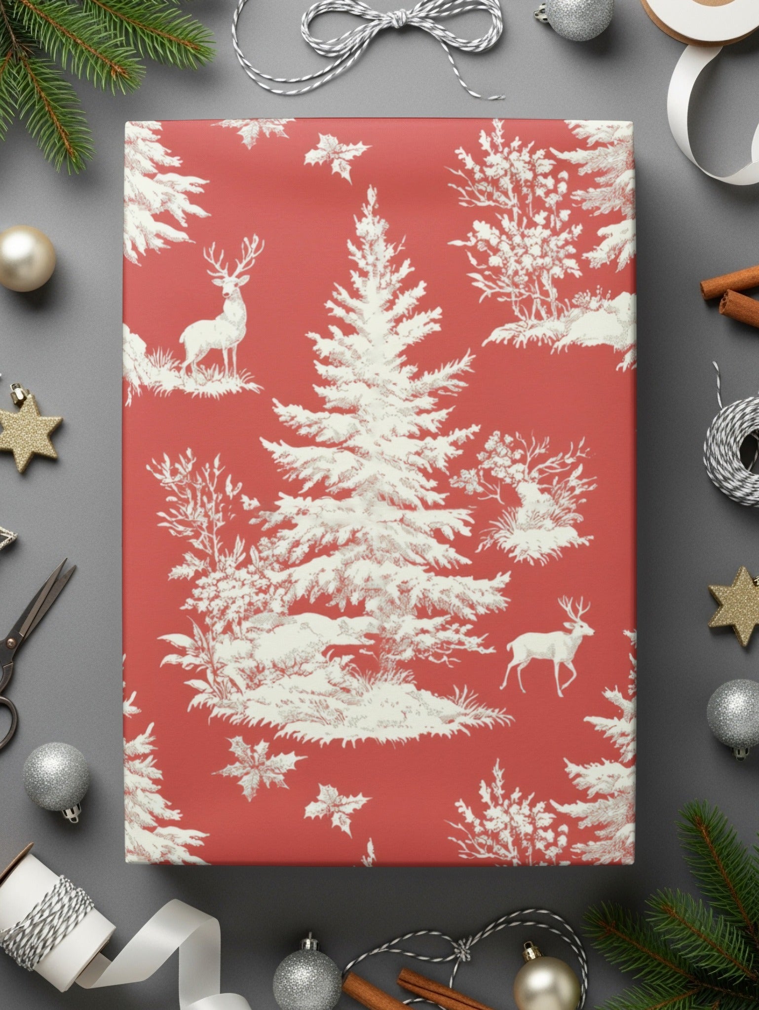 Red Christmas Toile Digital Pattern, Seamless Winter Deer Forest Print, Holiday Fabric Design, Festive Paper Download, Repeating Tile Image