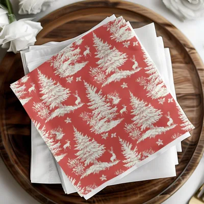 Red Christmas Toile Digital Pattern, Seamless Winter Deer Forest Print, Holiday Fabric Design, Festive Paper Download, Repeating Tile Image